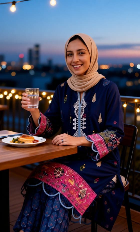 The first customer in the outfit: at dinner